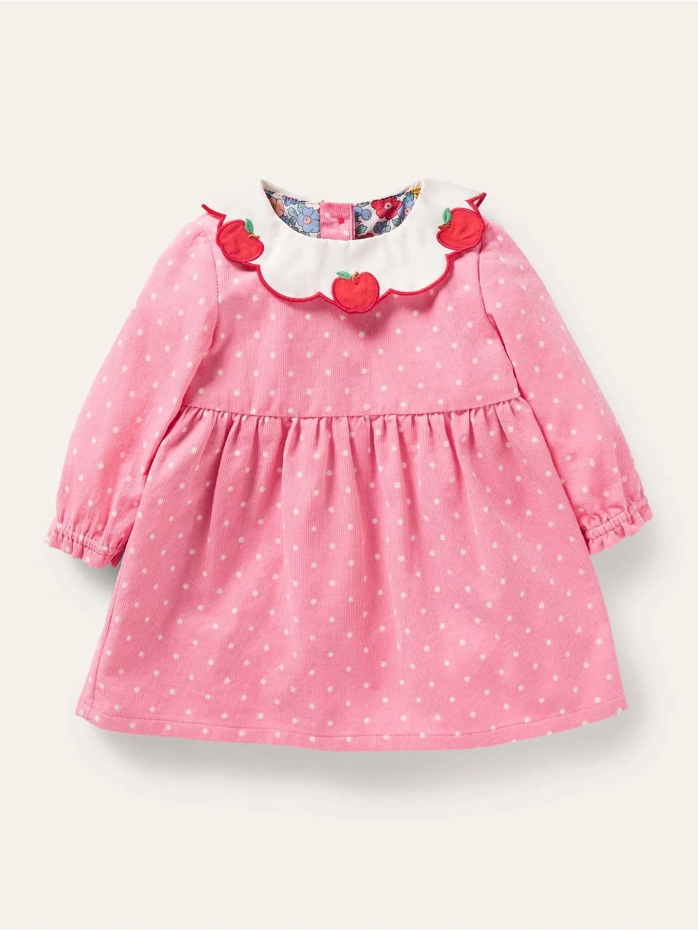 Baby Boden Pink Polka Dot Dress with Apple Collar
